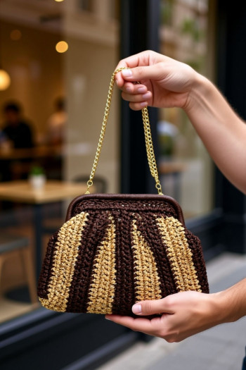 Bolso Cluth Moda Rayas Brillo Marrón - Imagen 2