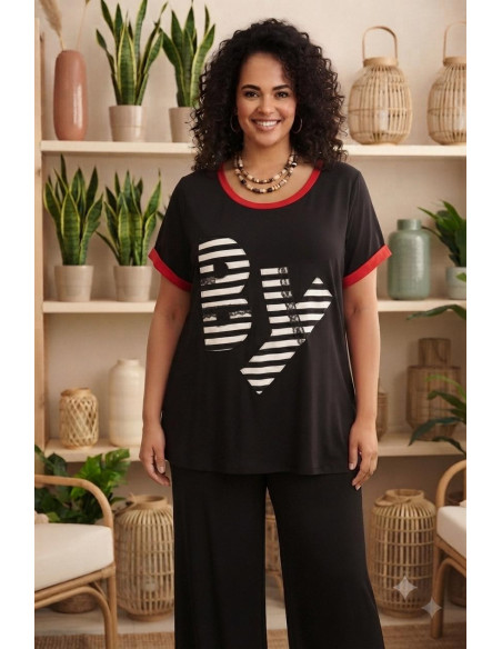 Camiseta  Rayas Negro y Rojo B Y Indra - Imagen 1