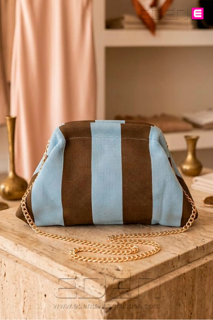 Bolso Cluth Moda Rayas Celeste Bronce - Imagen 1