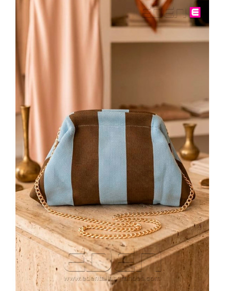 Bolso Cluth Moda Rayas Celeste Bronce - Imagen 1