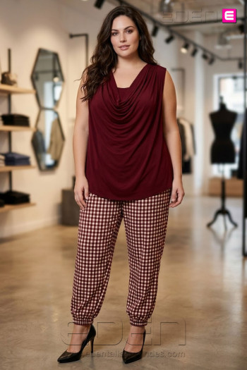 Pantalón Cargo Cuadros Vichy Bordeaux Valeria Milano - Imagen 2