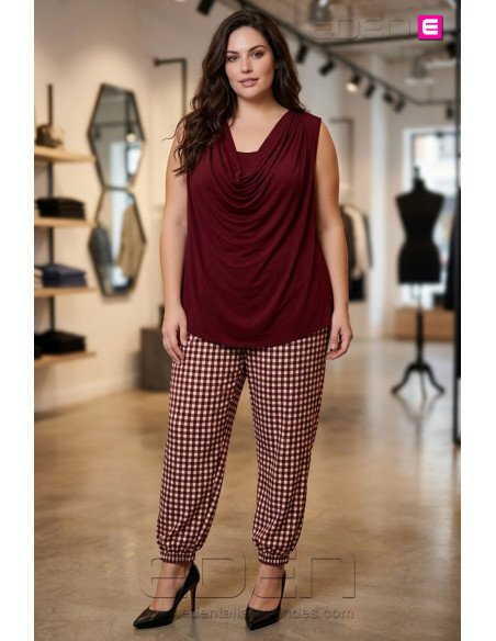 Pantalón Cargo Cuadros Vichy Bordeaux Valeria Milano - Imagen 2