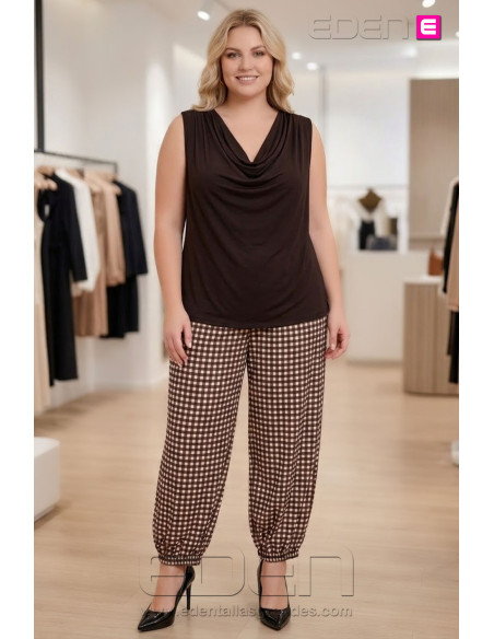 Pantalón Cargo Cuadros Vichy Chocolate Valeria Milano - Imagen 1